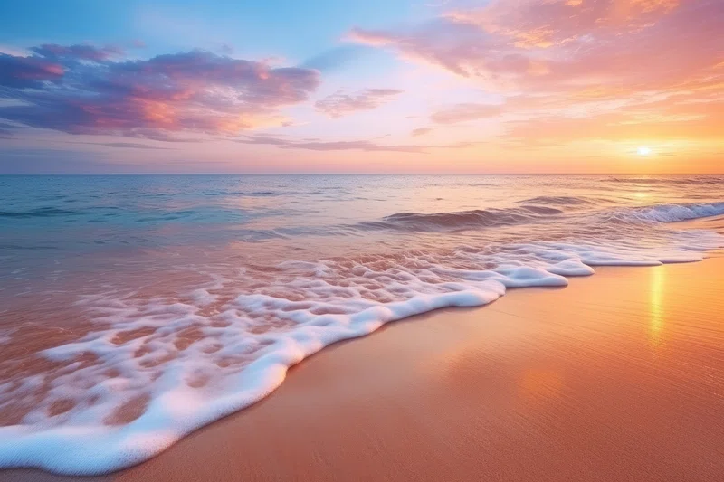 Coastal sunset with warm skies and gentle turquoise waves over sandy beach